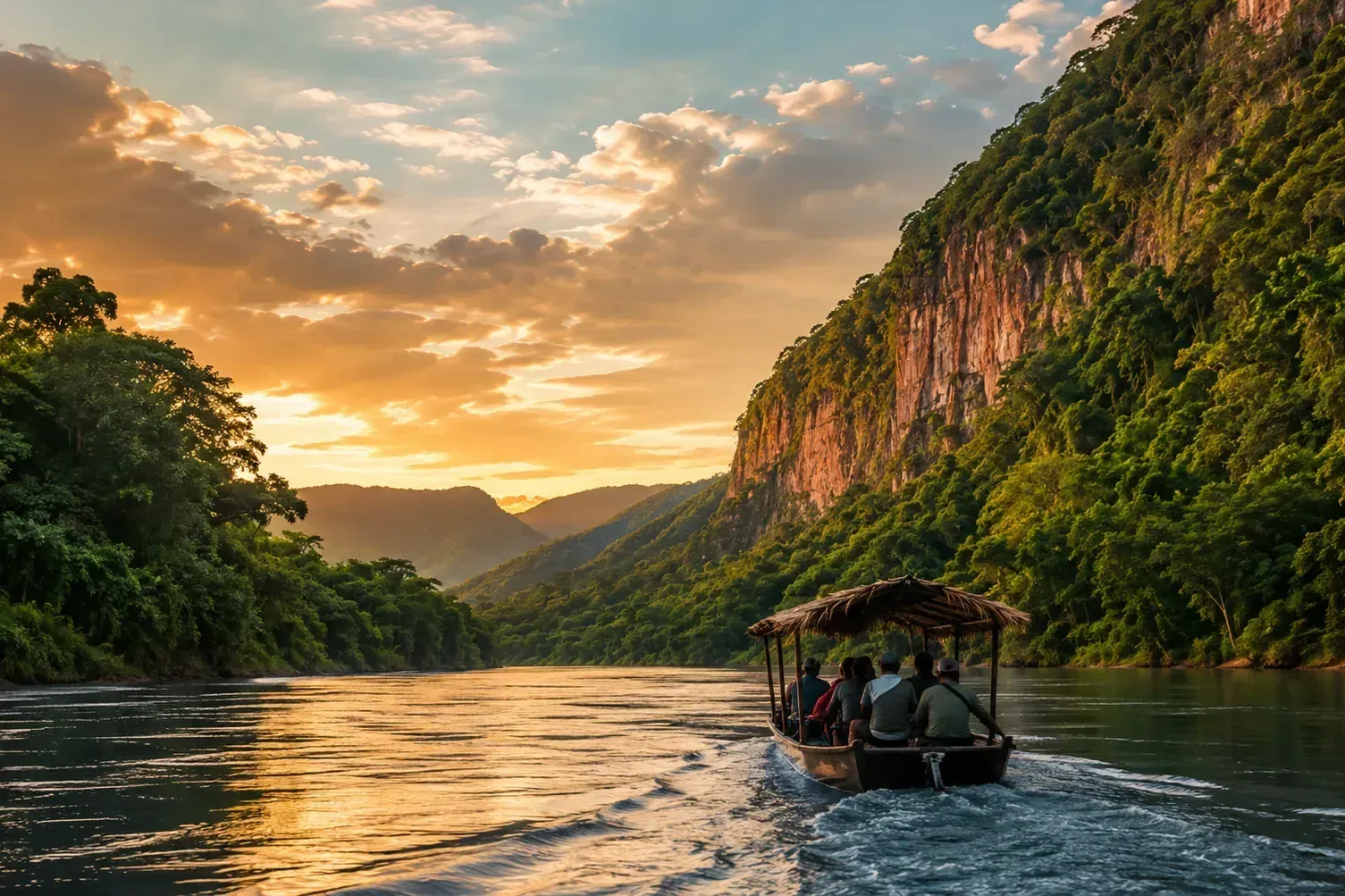 Río amazónico al atardecer